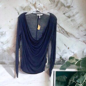 French Connection Drape Neck Black Linen Blend Top Women Size XS HSH 1207